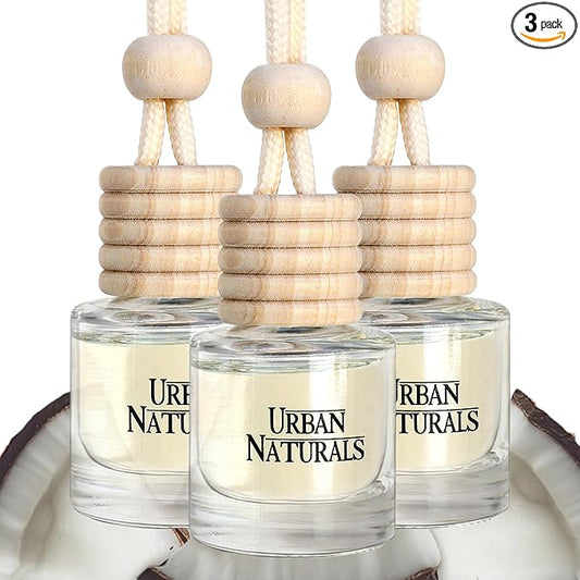 Urban Naturals Car Air Freshener Diffuser 3 Pack - Mahogany Coconut Scent, 45+ Days Long Lasting Fragrance, Made in USA, Glass & Wood, Hanging Design + Vent Cip, Easy to Use