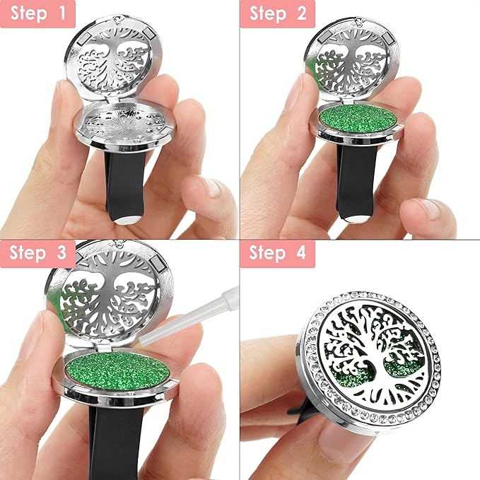 Essential Oil Car Diffuser Vent Clips, Sparkling Essential Oil Car Diffuser, with 20 Refill Pads, for Long Lasting Automotive Odor Eliminator Decoration (1, Life Tree+11-petaled Flower)