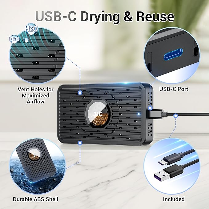 Auto Power-off Cordless Rechargeable Mini Dehumidifier Desiccant,Electric Moisture Absorption Silica Gel Packet for Storage Totes Jewelry Display Cabinet Guitar Case Drawer Photo Album Document-Purple