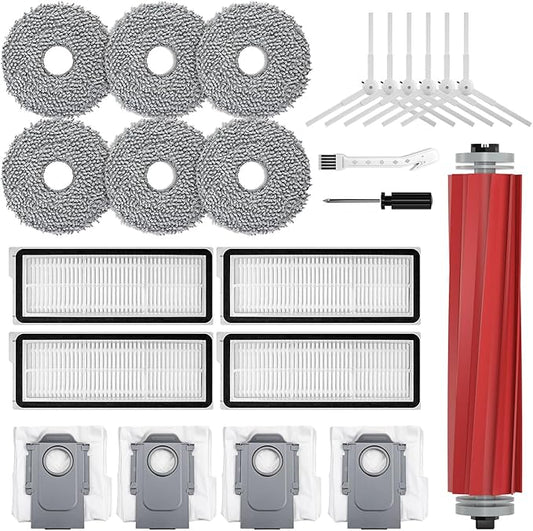 23 Pcs Replacement Accessories Kit for Roborock QRevo MaxV/QRevo Pro/QRevo S/Qrevo Plus Robot Vacuum Cleaner with 1 Mainbrush 4 Filter 4 Dust Bags 6 Mop Pads 6 Sidebrush 1 Cleaning Brush 1 Screwdriver