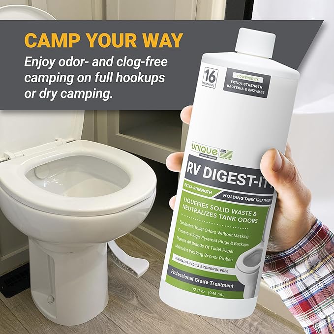 Unique RV Digest-It+, 16 Extra-Strength RV Toilet Treatments - Liquifies Waste and Toilet Paper - Odor Eliminator (32 oz)