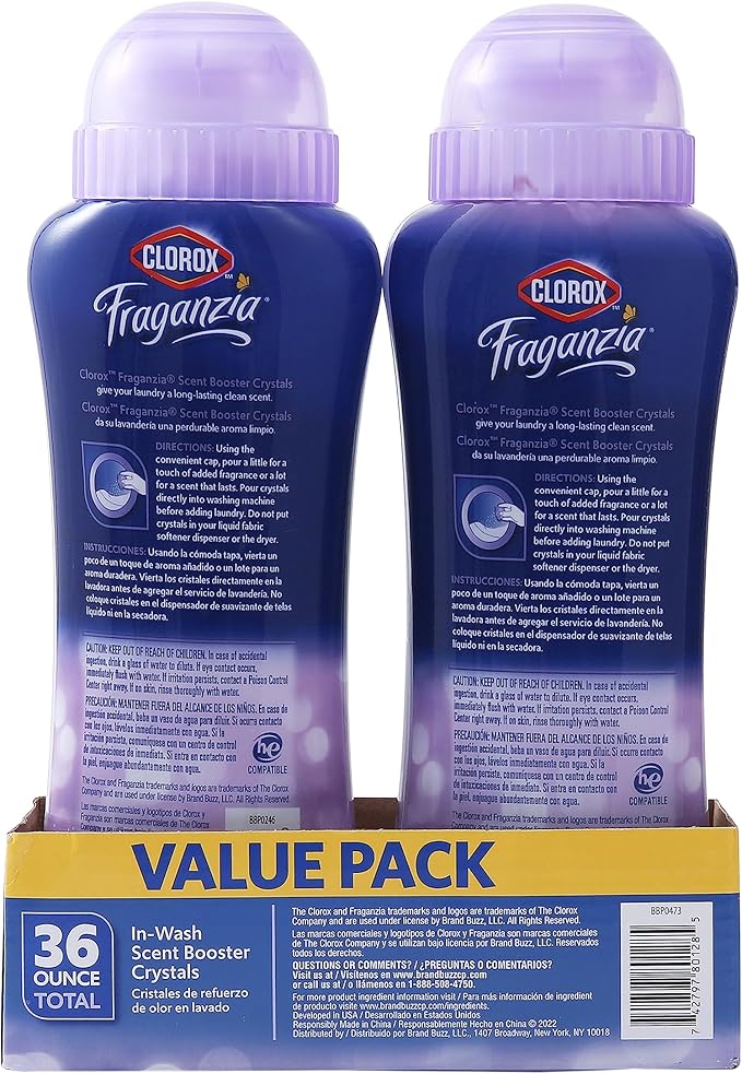 Clorox Fraganzia Laundry Scent Booster Crystals, In-Wash Fragrance Beads for Fresh-Smelling Clothes & Linens, Safe for All Fabrics & Colors, Lavender with Eucalyptus, 36 Oz - 6 Pack