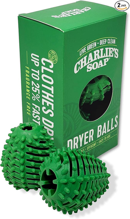 Charlie's Soap Eco-Friendly Dryer Balls 2 Pack - Reusable, Durable, Unscented Alternative to Dryer Sheets, Wool Balls, or Scent Beads