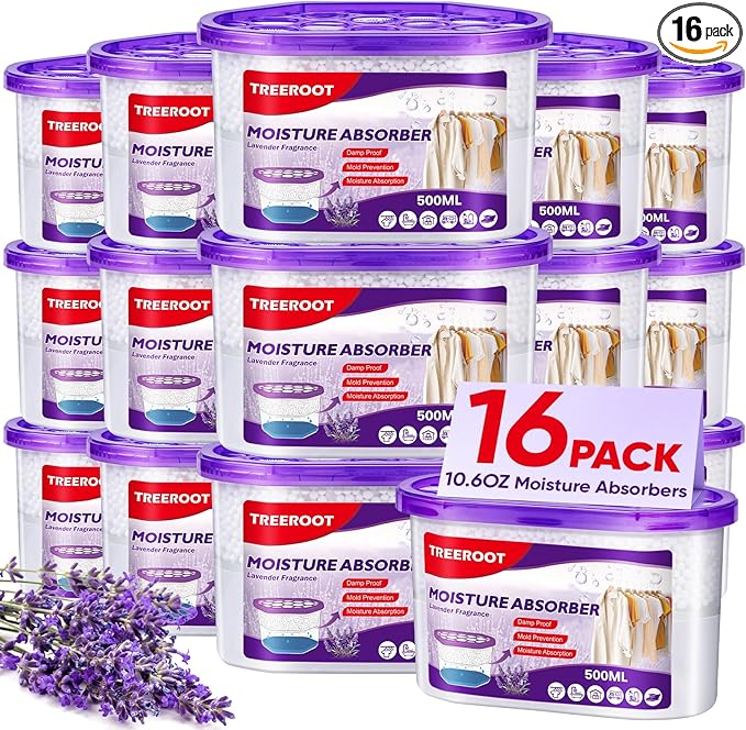 16 Pack Moisture Absorbers, 10.5 OZ Humidity Absorber Bucket, Moisture Absorbers for Closet, Dehumidifier Bucket for Wardrobes (Lavender Scent), Kitchens and Bathrooms