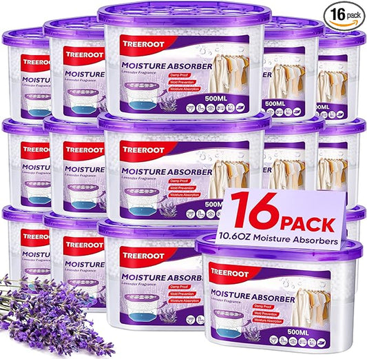 16 Pack Moisture Absorbers, 10.5 OZ Humidity Absorber Bucket, Moisture Absorbers for Closet, Dehumidifier Bucket for Wardrobes (Lavender Scent), Kitchens and Bathrooms