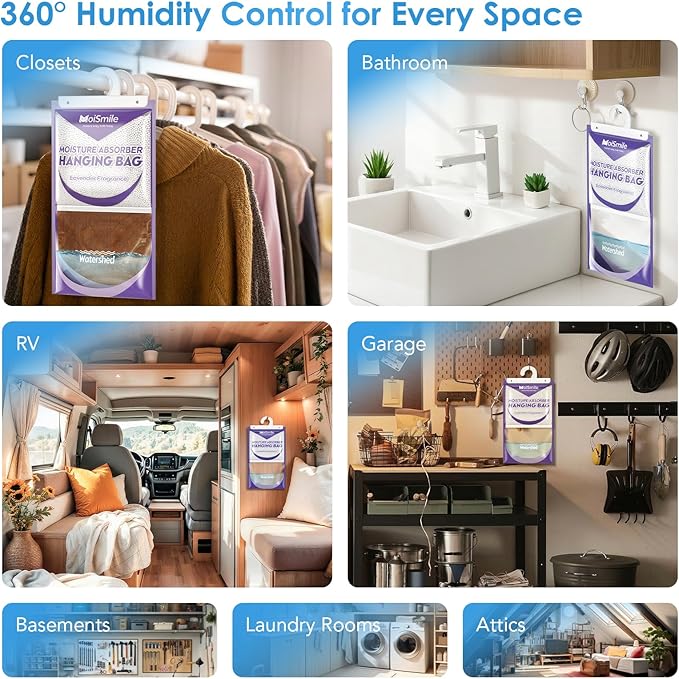 Hanging Moisture Absorbers 3 Pack Net Wt. 17.5oz/Pack, Lavender Fragrance Closet Dehumidifier Bags, Odor Eliminator & Humidity Absorber, Humidity Packs for Bathroom, Bedroom, Basement, Car, RV & Boat