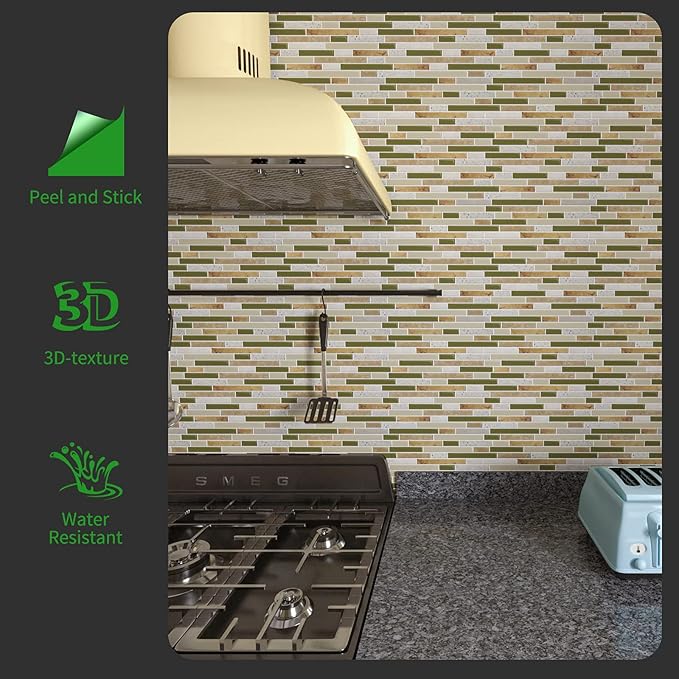 LONGKING 10-Sheet Self-Adhesive Peel and Stick Backsplash for Kitchen, Vinyl Decorative Tiles (Chrysophoron)