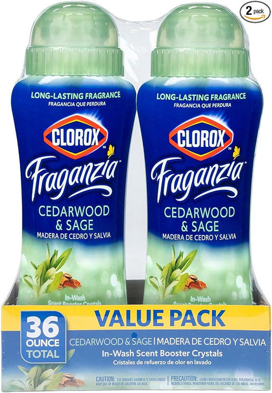 Clorox Fraganzia Laundry Scent Booster Crystals, In-Wash Fragrance Beads for Fresh-Smelling Clothes & Linens, Safe for All Fabrics & Colors, Cedarwood & Sage, 18 Oz, 2 Pack