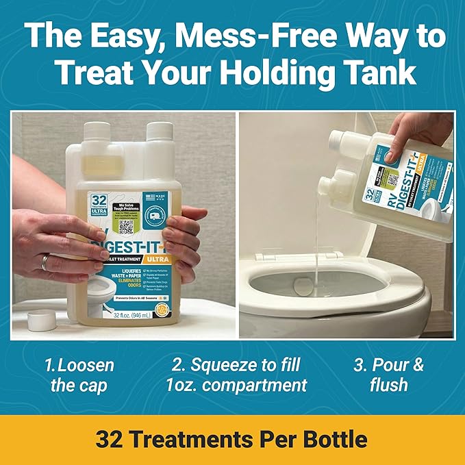 Unique RV Digest-It Ultra Super Concentrated RV Toilet Treatment, 64 Uses - Eliminates Smells and Liquifies Waste, Preventative Bio-Enzymatic Holding Tank Treatment (32 oz, Pack of 2)