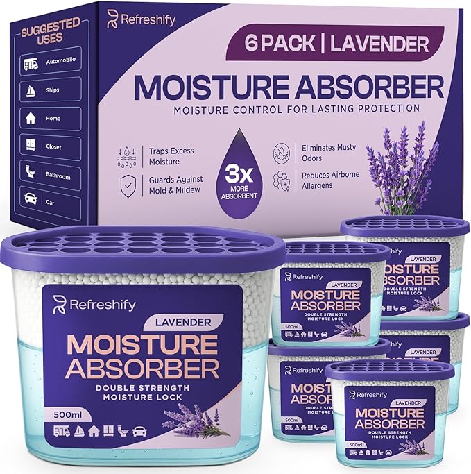 Premium Moisture Absorbers and Dehumidifier Tubs – High-Efficiency Closet Dehumidifier and Dehumidifier for Car, Odor Control Lavender, 6 Pack, 7.5 Oz