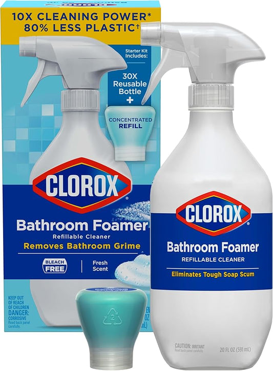 Clorox Bathroom Foamer Refillable Cleaner, Household Essentials, 1 Bottle and 1 Refill, Fresh Scent, 1.13 Fl Oz