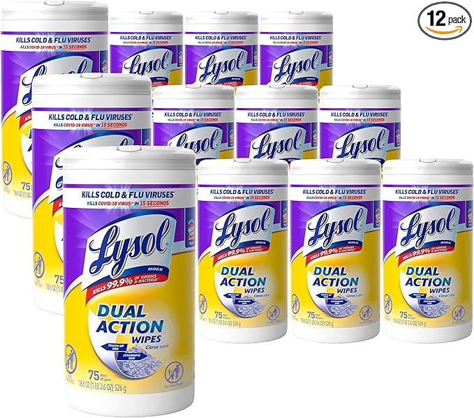 Lysol Dual Action Disinfectant Wipes, Multi-Surface Antibacterial Scrubbing Wipes, For Disinfecting and Cleaning, Citrus Scent, 75ct, Packaging May Vary (Pack of 12)