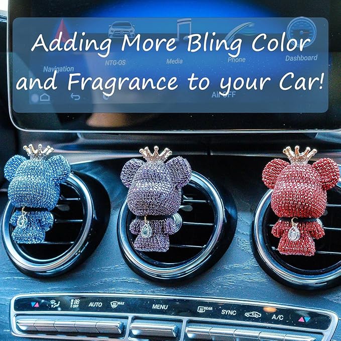 Cute Car Accessories, Bling Crystal Bear Car Air Freshener With Vent Clip,Rhinestone Aesthetic Car Decor Interior Decoration (PURPLE)