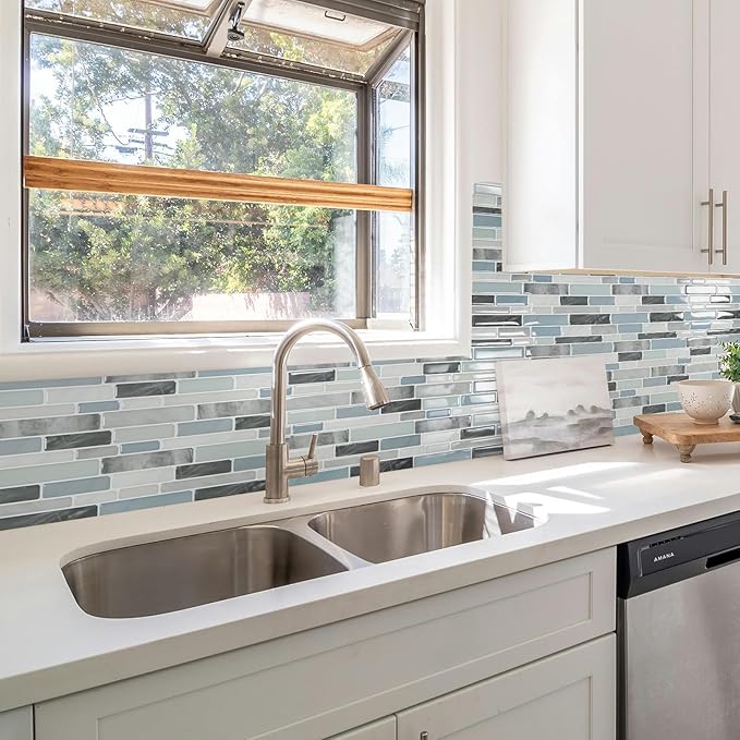 LONGKING Self-Adhesive Kitchen Backsplash, Marble Look Decorative Tiles (10 Tiles)