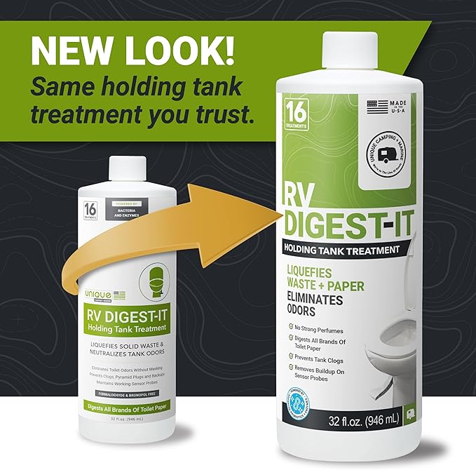 Unique RV Digest-It RV Toilet Treatment - Eliminates Odors at the Source and Liquifies Waste - 16 Uses Per Bottle (32 oz) Amazon Exclusive Packaging