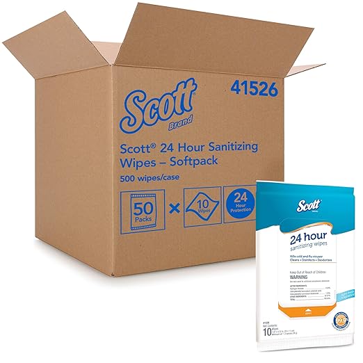 Scott 24 Hour Sanitizing Wipes – Multi-Surface Cleaning & Disinfecting, Continuous Sanitization for 24 Hours – (41526), 50 Packs x 10, 500 Wipes