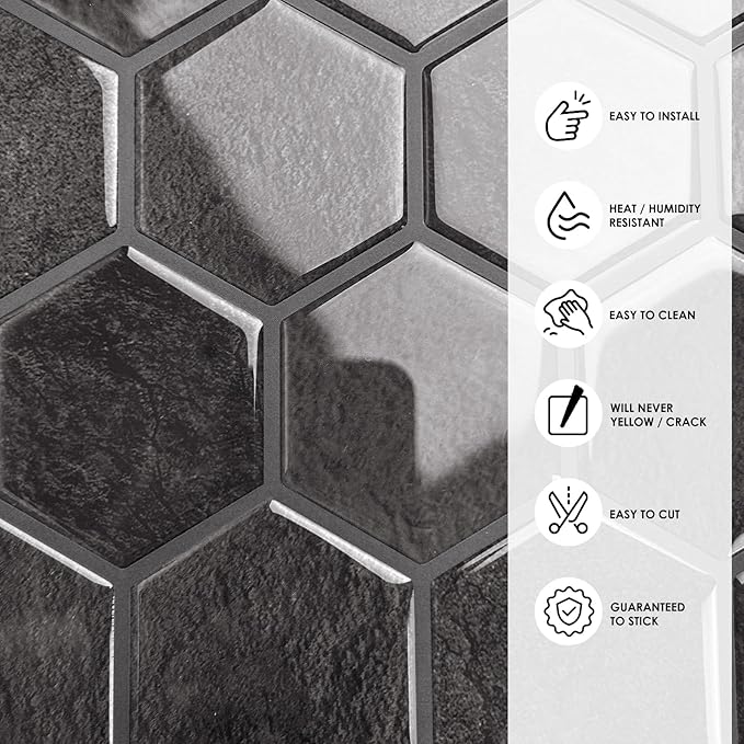 10-Sheet Hexagon Peel and Stick Backsplash for Kitchen, New Upgrade Premium Extra Thicker Design 3D Self Adhesive Wall Tiles, Large Stick on Tiles for Kitchen and Bathroom (12" x 12")
