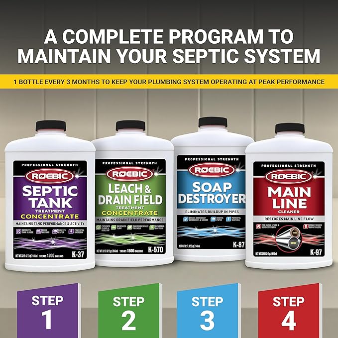 Roebic K-37-Q-C1500-4 Septic Tank Treatment: 32 oz, 16 oz Concentrate, Safe for All Plumbing Systems, Colorless Formula