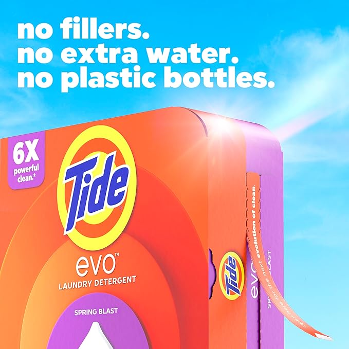 Tide evo Spring Blast Scent Laundry Detergent Fiber Tiles Works on 100% of Common Stains Safe for All Machines and Water Conditions Concentrated HE Compatible Clean and Instant Dissolve, 42 Count