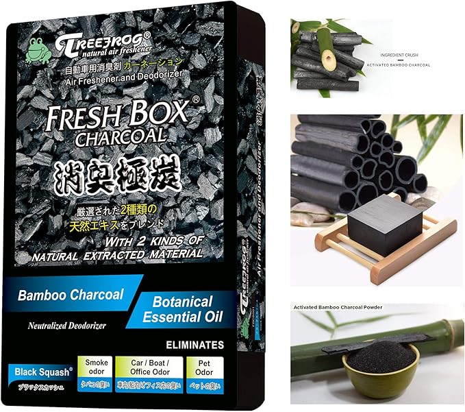 Treefrog Xtreme Fresh Charcoal Black Squash x3, New Car Scent x3 Air Freshener, Deodorizer and Neutralizer air, Special Deal Bundle Mixed Pack, Black Bamboo Charcoal, Generously Large Size 200g.