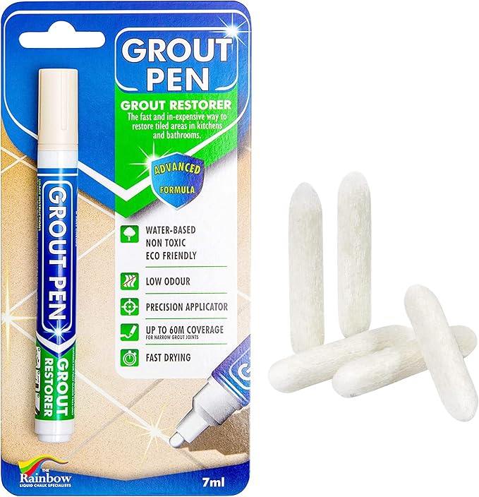 Grout Pen Tile Paint Marker: Ivory Narrow 5mm with 5 Pack Replacement Tips - Waterproof Grout Colorant and Sealer Pen to Renew, Repair, and Refresh Tile Grout - Cleaner Coating Stain Pens