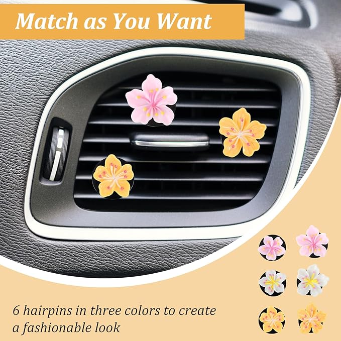 6 Pcs Flower Car Air Vent Clips Cute Car Air Freshener Vent Clips Pink Hawaiian Hibiscus And Cherry Blossom Accessories For Interior Aesthetic Decorations Pink, White, Yellow