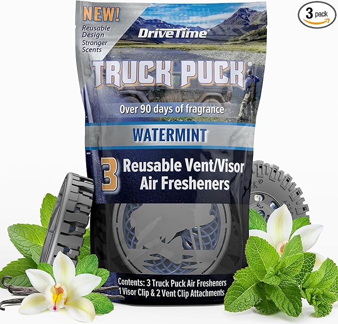 Drive Time Truck Puck Watermint Fragrancee Car Air Freshener – Long-Lasting Car Deodorizer, Refillable Vent & Visor Clip Auto Air Freshener for Car, Truck & SUV, Premium Fragrance, Pack of 3