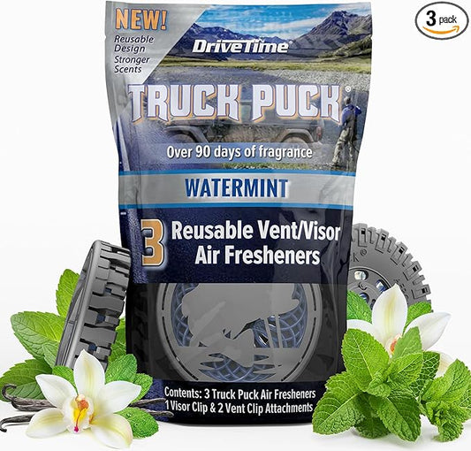Drive Time Truck Puck Watermint Fragrancee Car Air Freshener – Long-Lasting Car Deodorizer, Refillable Vent & Visor Clip Auto Air Freshener for Car, Truck & SUV, Premium Fragrance, Pack of 3