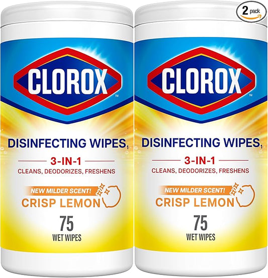 CLOROX Disinfecting Wipes, Bleach Free Cleaning Wipes, Crisp Lemon, 75 Count (Package May Vary) (Pack of 2)