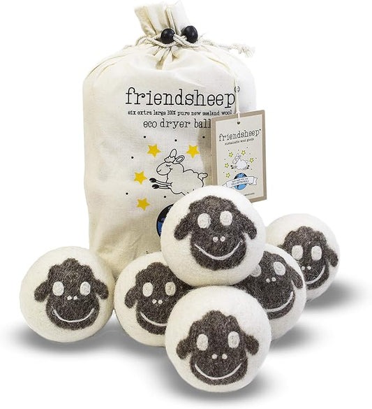 Friendsheep Wool Dryer Balls, Organic Reusable Fabric Softener Alternative for Laundry, Handmade, Fair Trade, Hypoallergenic, Eco-Friendly, Plastic-Free (6 Pack XL ??Sheep Flock of Friends)