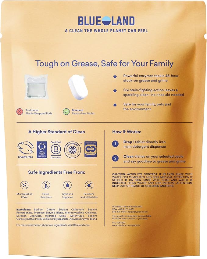 BLUELAND 100% Plastic-Free Dishwasher Detergent Tablets, 36 Count, Lemon Zest Scent, Eco Friendly Dishwashing Pods, Natural, USDA Certified biobased