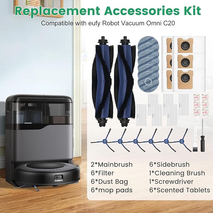 34 Pack for eufy Vacuum Omni C20 Accessories Kit，2 Mainbrush 6 Filter 6 Dust Bag 6 mop pads 6 Sidebrush 1Cleaning Brush 1Screwdriver,6 Sachet