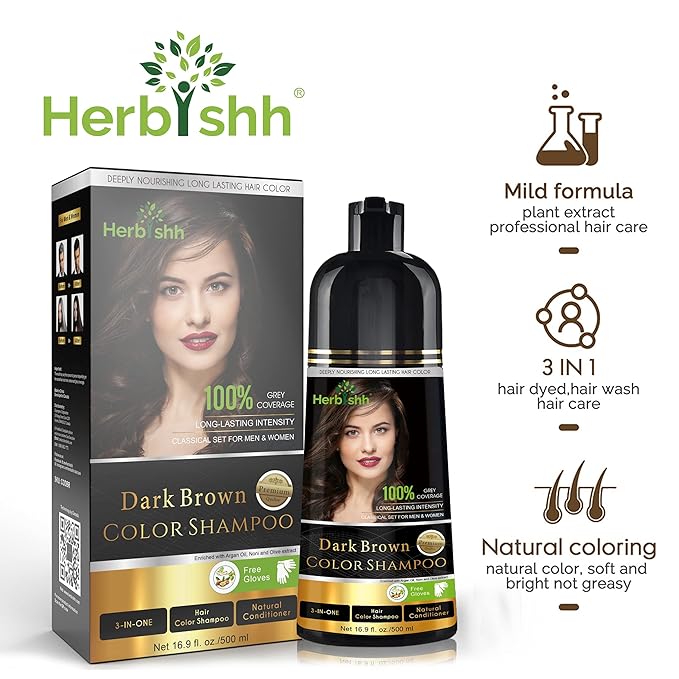 Herbishh Hair Color Shampoo for Gray Hair Dark Brown 500 ML - Dye Shield or Defender - Hair Color Stain Remover Wipes - Travel Pack With 5 Wipes
