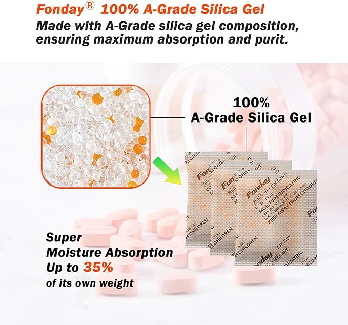 20g x 100 Packs Fonday Rechargeable Silica Gel Desiccant Packets Fast Reactivate Desiccant Bags Moisture Indicating Orange to Green for Food Storage, Electronics, 3D Filament & Safes
