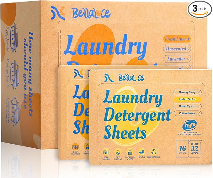 BellaLuce Laundry Detergent Sheets: 1 Home Size (240 Loads, Fresh Linen) & 2 Travel Size (32 Loads, Fresh Linen & Amber Nectar) | Portable for College, Dorm, Hotel, Family