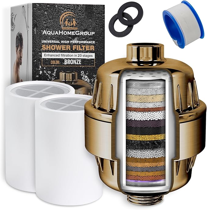 AquaHomeGroup 20 Stage Shower Filter - 2.5 GPM Universal Shower Head Filter for Chlorine and Heavy Metals - Vitamin C E Shower Water Filter for Hair and Skin (Golden)