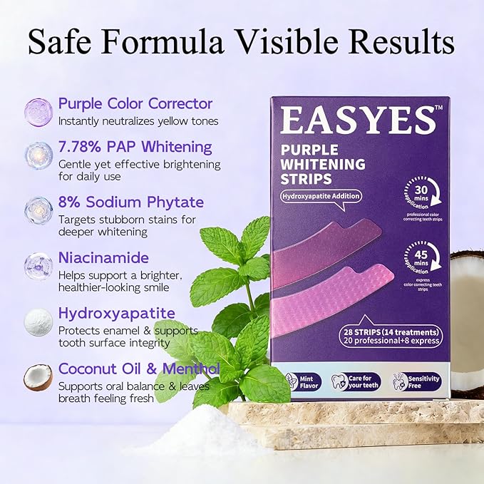 Purple Teeth Whitening Strips, Color Correcting White Kit, Peroxide-Free with Hydroxyapatite, Express & Professional Strips, Enamel Safe for Sensitive Teeth, Tooth Stain Remover (28 Strips)
