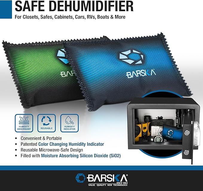 BARSKA 150g Rechargeable Desiccant Dehumidifiers – 2-Pack Reusable Moisture Absorbers for Safes, Closets, Cars, Basements – Microwaveable Silica Gel Humidity Control