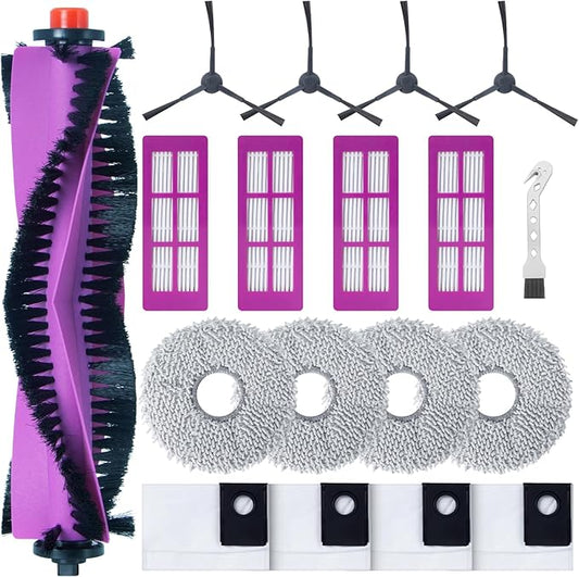 Accessories Kit for Eureka J15 Pro Ultra Robot Vacuum Cleaner Replacement Parts. 1 Main Roller Brush, 4 Hepa Filters, 4 Mop Pads, 4 Side Brushes, 4 Dust Bags, 1 Brush