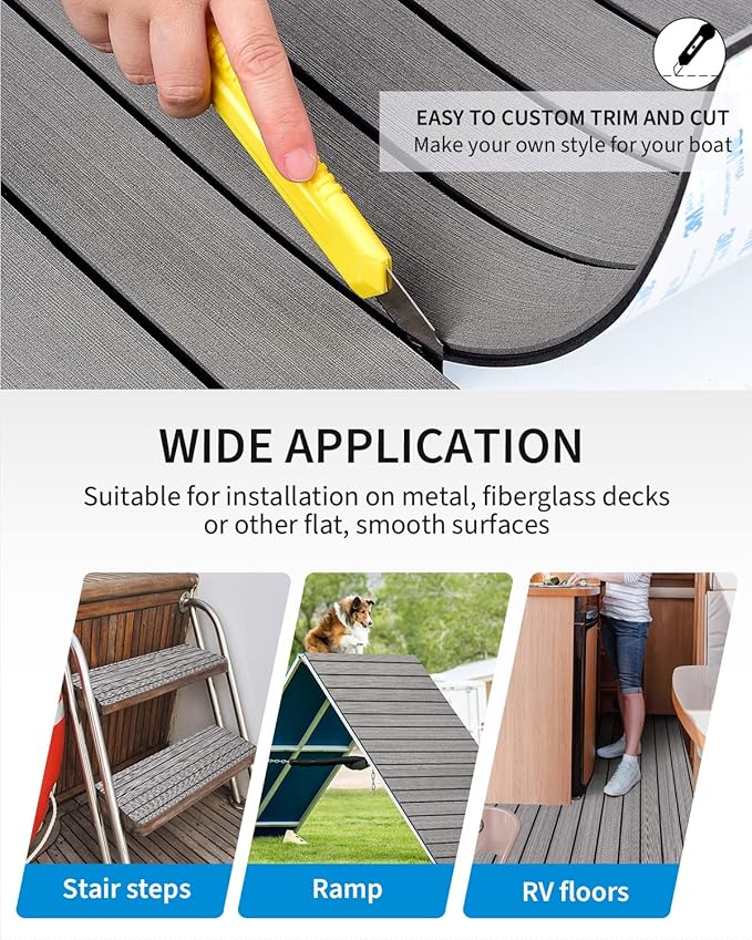 OCEANBROAD EVA Foam Boat Flooring with 3M Adhesive Backing Marine Self-Adhesive Decking 96''x45.6''/36''/28.8''/16.8'', 48''x16.8'' Faux Teak Sheet for Jon Boats Swim Platform Helm Pad RV Floor