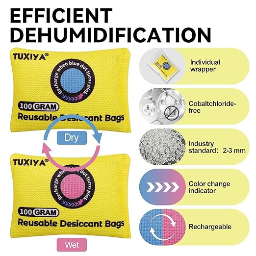 12Pack(100g Each) Rechargeable Silica Gel Desiccant Packets,Color Indicating Desiccant Packs for Storage,Moisture Absorbers for Storage Bins,Suitcase,Safes,3D Filaments,Wet Zones and Cars