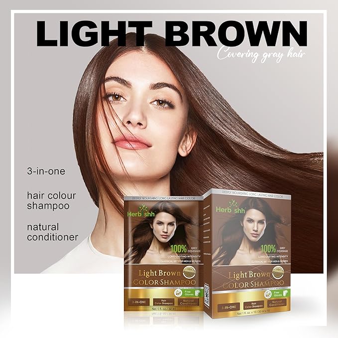 Herbishh Hair Color Shampoo for Gray Hair Light Brown + Hair Color Stain Remover Wipes - Travel Pack With 5 Wipes