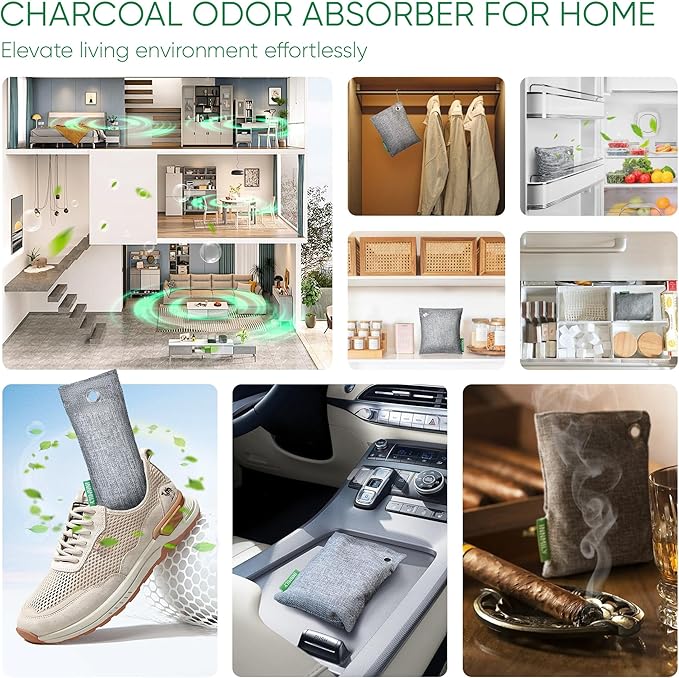 Activated Charcoal Odor Absorber,Large 12 Pack w Hooks Nature Odor Eliminator for Strong Odor, Bamboo Charcoal Air Purifying Bags,Moisture Absorbers for Fresh Home Car Closet Pet,Smoke Room Deodorizer