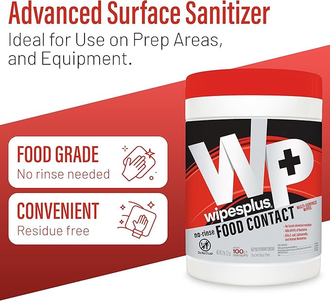 WIPESPLUS No-Rinse Food Contact Wipes Canister Multi-Surface Wipes, Unscented for Home and Business, 600, (6 Packs of 100)