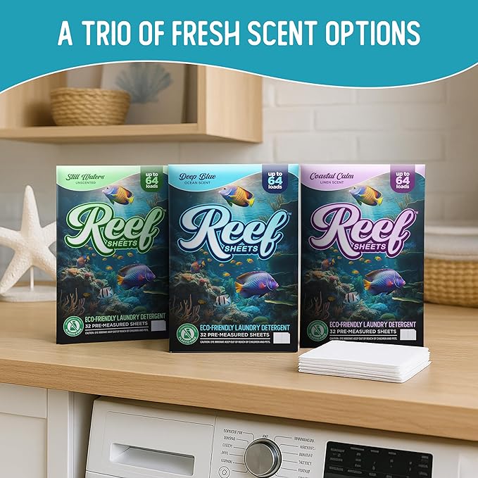 Reef Sheets Laundry Detergent Sheets, 64 loads, Hypoallergenic & Plastic-Free Eco-Friendly Packaging, Gentle on Skin, Tough on Stains, Travel-Friendly, Deep Blue Ocean Scent, 32ct