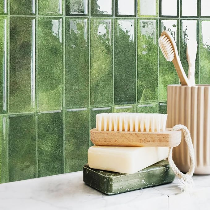 10 Sheet Thicker Subway Tiles Peel and Stick Backsplash,Splash Proof Green Rectangular Self-Adhesive Wall Tiles for Kitchen and Bathroom(11.4" x 9")