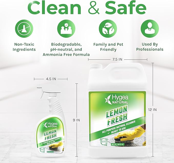 Hygea Natural Lemon Fresh All Purpose Cleaner - Multi-Surface Cleaner - Removes Soil, Dirt & Grease - Wet Gloss Finish - pH-Neutral & Ammonia Free (24oz Spray & 128oz Gallon)