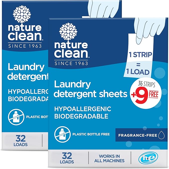 Nature Clean Plastic Free Natural Laundry Detergent Sheets Unscented 64 counts, Non-Toxic Organic Eco Friendly Hypoallergenic Biodegradable Laundry Strips Travel Laundry Soap Sheets Fragrance Free
