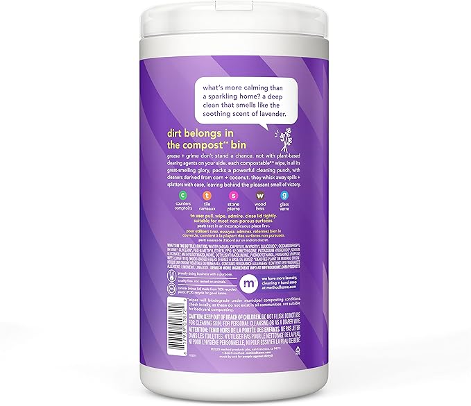 Method All-Purpose Cleaning Wipes, French Lavender, Multi-Surface, Compostable, 70 Count (Pack of 1)
