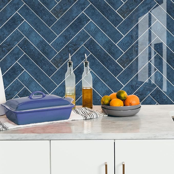 24-Pieces Peel and Stick Tiles for Kitchen Backsplash, New Upgrade Design 12" x 3"SPC Subway Backsplash Tiles, Marble Blue Premium Finger Tiles (Blue).